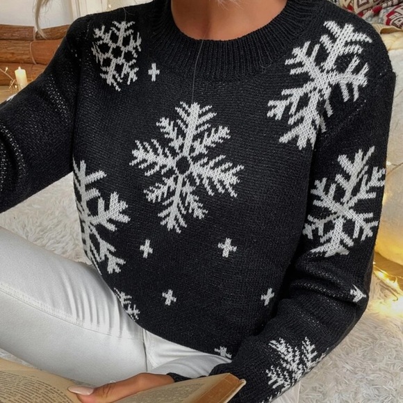 Christmas holiday party knit sweater snowflake black white - Picture 2 of 3